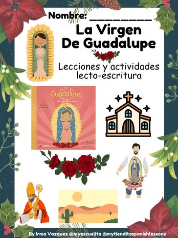 Portada educativa sobre La Virgen de Guadalupe con ilustraciones y actividades de lecto-escritura.