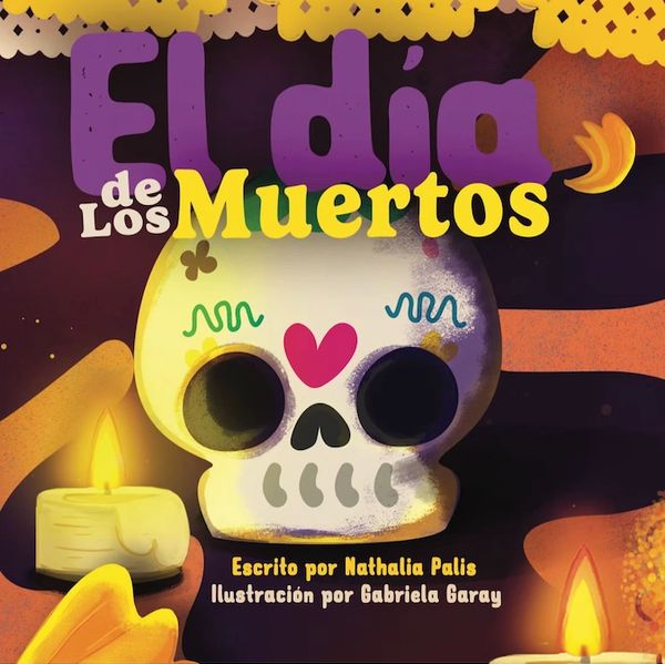 Illustrated Día de los Muertos book cover with a decorated skull and candles.