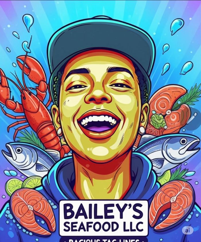 Colorful illustration of a joyful person surrounded by seafood and seafood brand name.