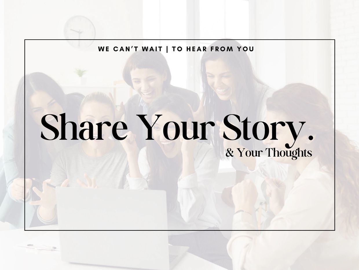 Share Your Story banner with a group of women looking at a computer. 