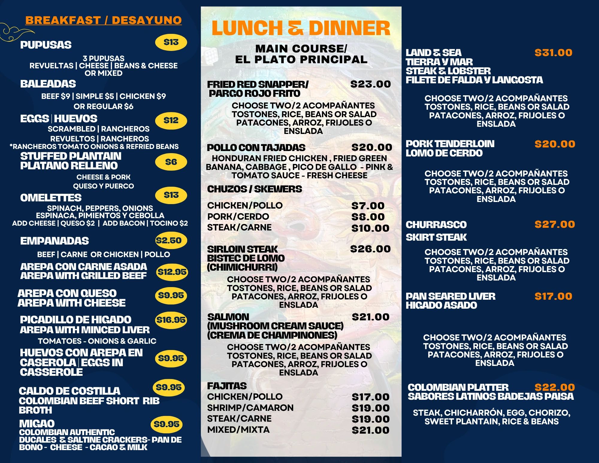 Colorful bilingual menu featuring Latin American breakfast, lunch, and dinner dishes with prices.