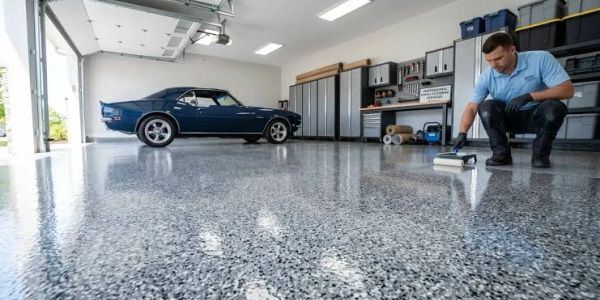 Man applying epoxy floor coating in garage.