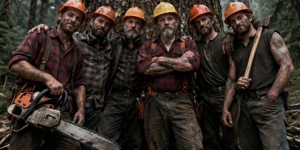Six rugged lumberjacks posing together in a forest, wearing helmets and plaid shirts.