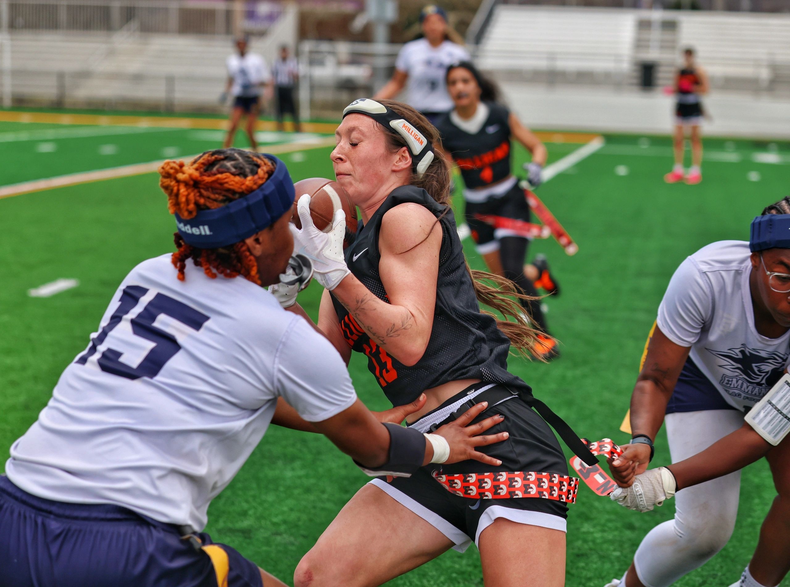 Female athletes compete fiercely in a flag football , Demanding sports require superior recovery.
