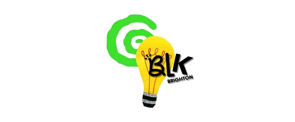 Bright yellow lightbulb with green spiral and bold black text 'BLK BRIGHTON'.