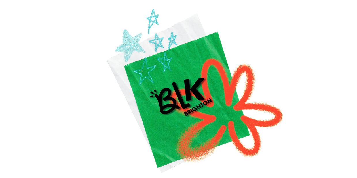 Green and white bags with BLK Brighton logo and colorful star and flower doodles.