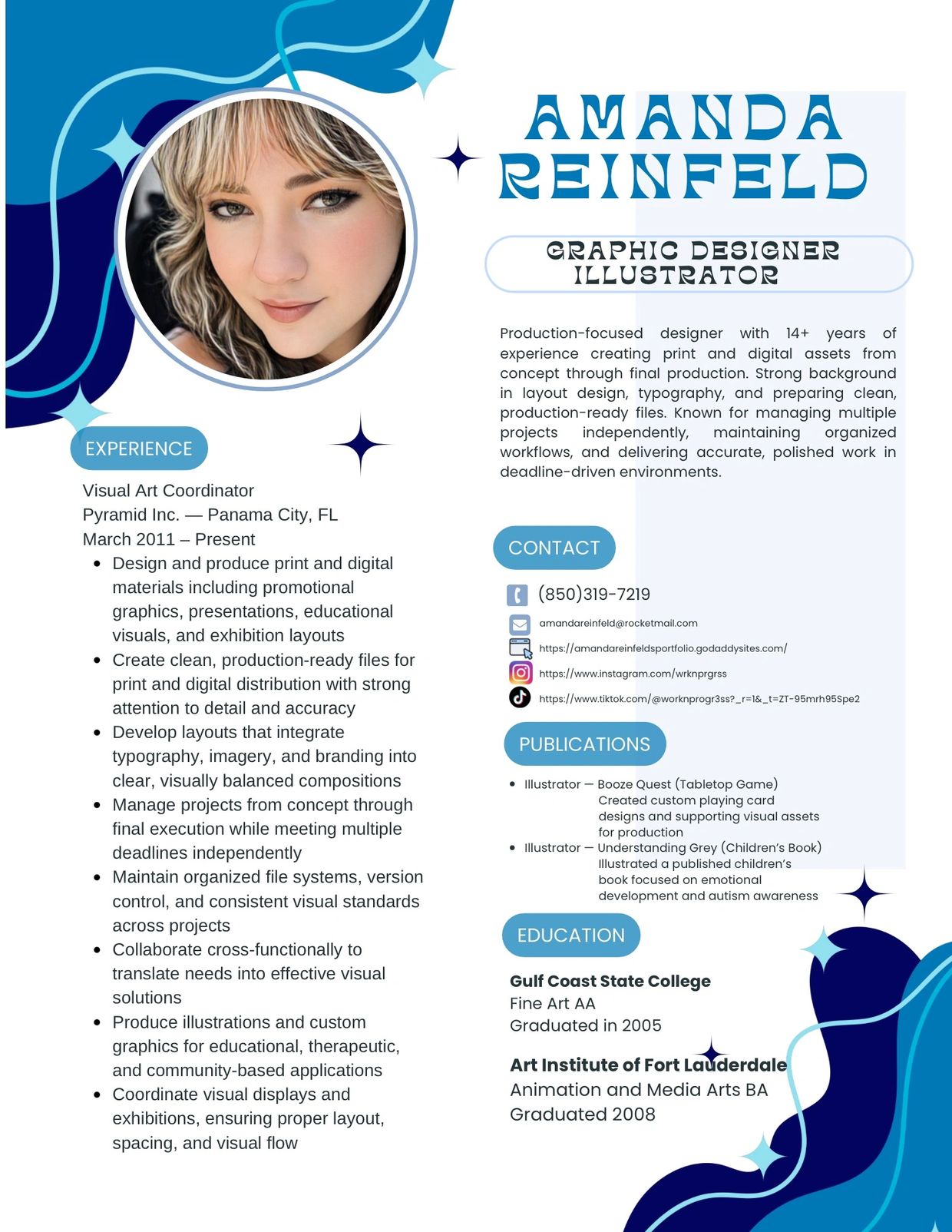 Professional resume of Amanda Reinfeld, graphic designer and illustrator with 14+ years experience.