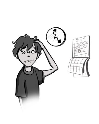 Confused person scratching head, looking at a clock and July calendar.