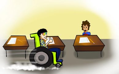 A student in a wheelchair smiles while taking a test, surprising another student.