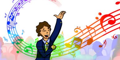 A man joyfully conducts colorful musical notes in the air.