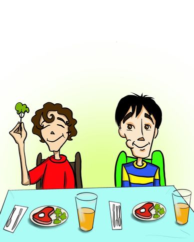 Two boys sitting at a table with plates of steak and broccoli, one holding broccoli.