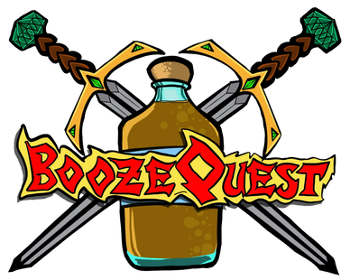 A fantasy-themed logo with a bottle, swords, and the text 'Booze Quest'.