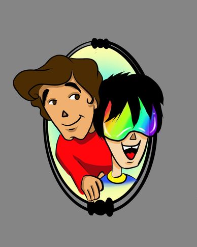 Two cartoon characters with one wearing colorful VR goggles.