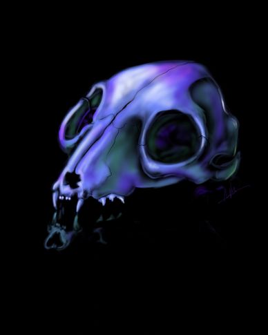 A glowing purple skull against a black background with sharp teeth.