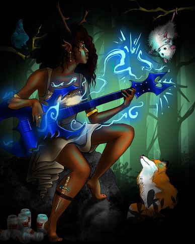 Elf-like woman plays a magical electric guitar in the forest with animals around.