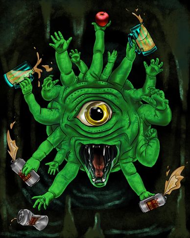 A green multi-armed monster holding beer cans and an apple.
