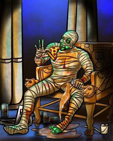 A relaxed mummy enjoys pizza and beer in a throne-like chair.