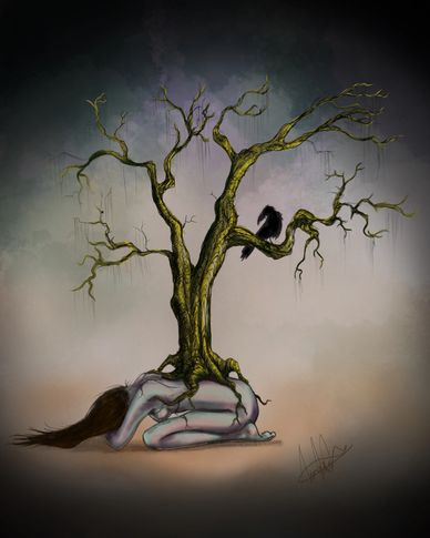A surreal image of a woman transforming into a tree with a crow perched on a branch.