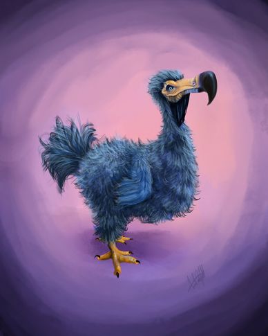 A whimsical blue dodo bird with a large beak on a purple background.
