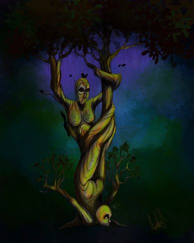 A surreal tree figure with human-like features and birds in a dark, mystical forest.