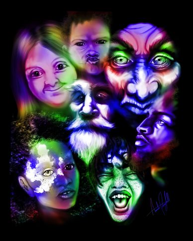 Vibrant neon-colored faces expressing diverse emotions on black background.