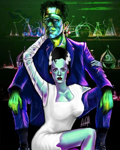 Vibrant digital art of Frankenstein and Bride in a lab setting.