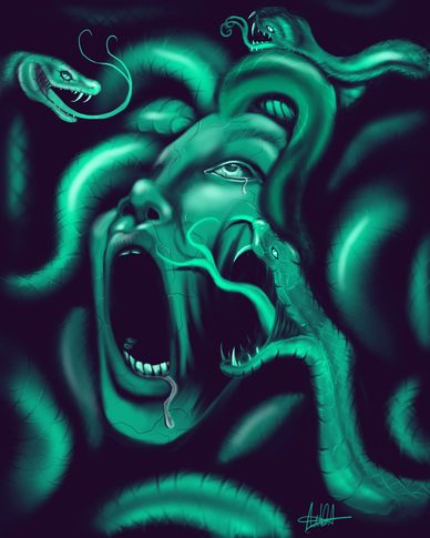 A surreal depiction of a face entwined and attacked by glowing serpents.