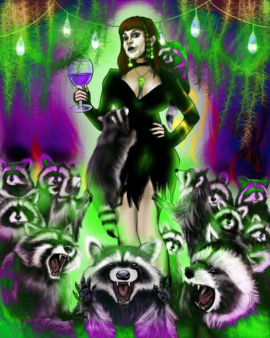 A confident woman in black surrounded by glowing raccoons and green lights.