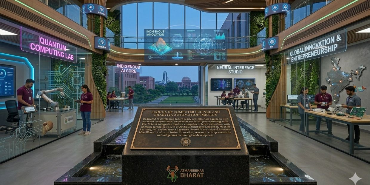 Modern innovation hub with labs for quantum computing, AI, and entrepreneurship.