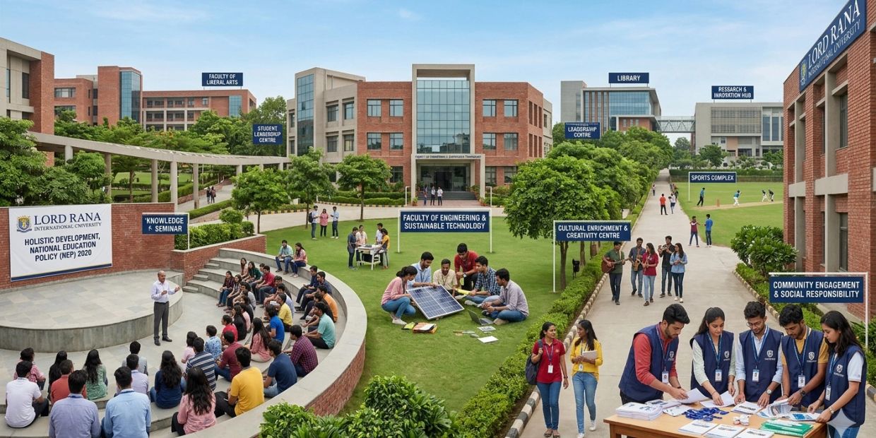 A vibrant university campus with students engaging in various academic and social activities.