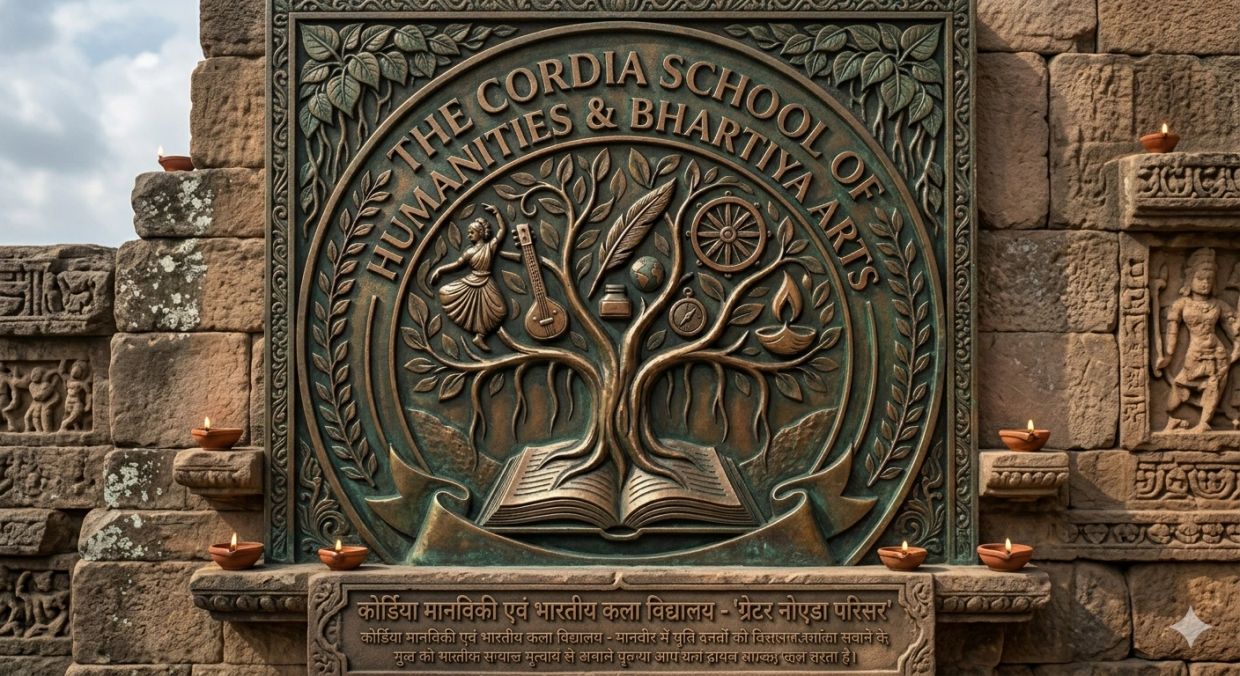 Intricately carved stone plaque of The Cordia School of Humanities &amp; Bhartiya Arts.