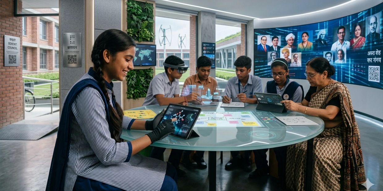 Students and teacher engaged in interactive learning with digital tablets and holograms in a modern classroom.