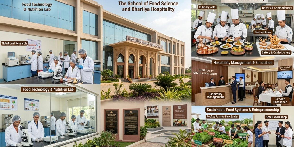 The School of Food Science and Bhartiya Hospitality with labs, culinary arts, and sustainable food systems.