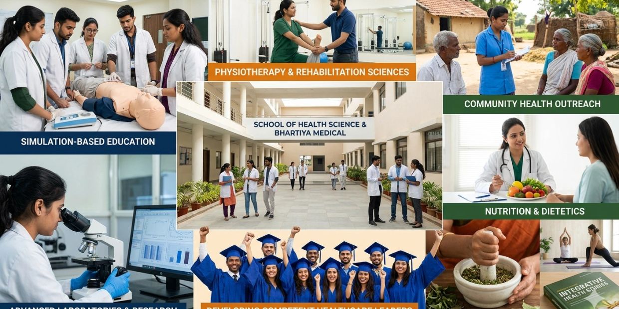 Collage showcasing medical education, community outreach, and health sciences at Bhartiya Medical.