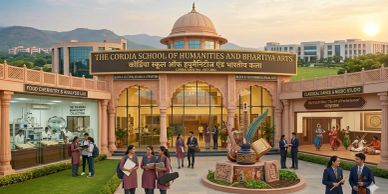 Campus of The Cordia School of Humanities and Bharatiya Arts during sunset.