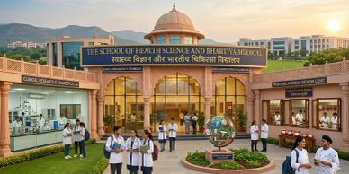 Students gather at the entrance of a health science and medical school.