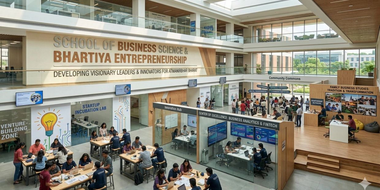 Busy business school with innovation labs and collaborative spaces.