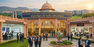 Students networking at a business school campus with a grand entrance and dome.