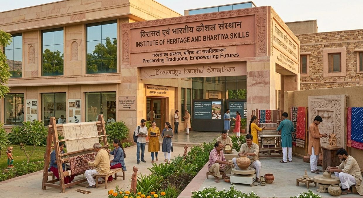 Institute of Heritage and Bhartiya Skills with artisans practicing traditional crafts outdoors.