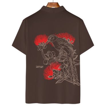 Dark brown shirt with a detailed bird and red flower design on the back.