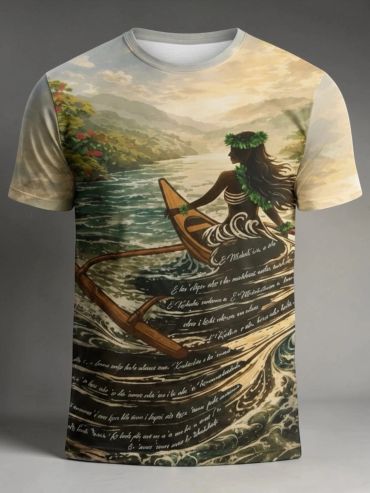 T-shirt featuring a woman in traditional attire paddling a canoe on a scenic river with text.