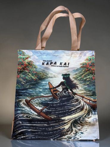 Tote bag featuring a scenic canoeing artwork from the Kapakai Prince Lot Hula Festival.