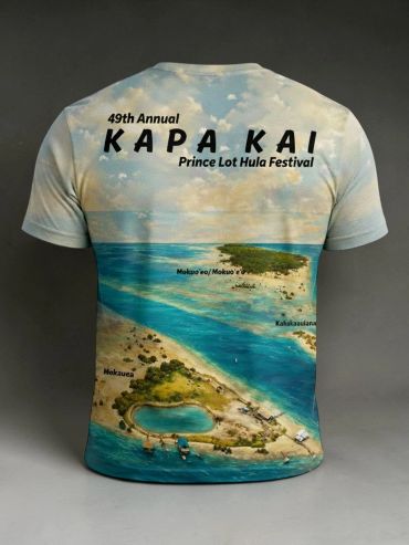 T-shirt featuring a scenic aerial view of Mokuae and surrounding islands for the 49th Annual Kapa Kai Hula Festival.