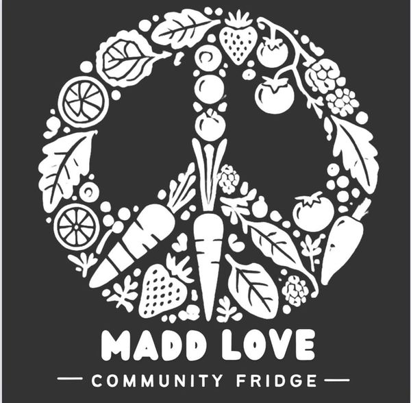 Peace symbol made of fruits and vegetables with 'Madd Love Community Fridge' text.