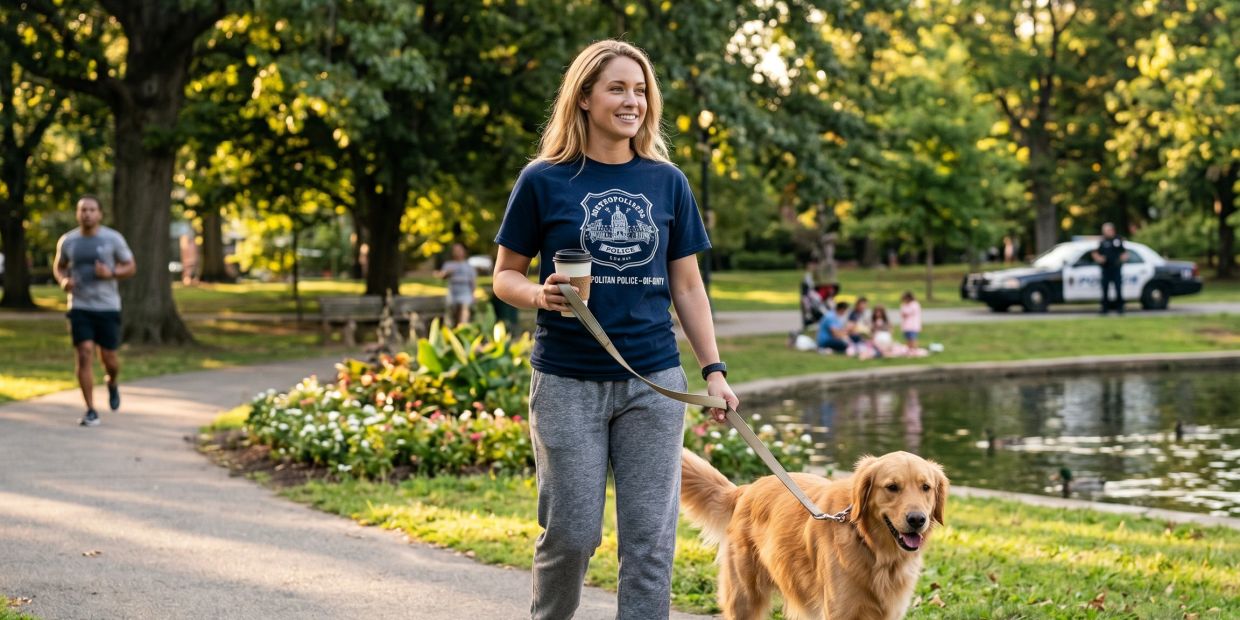 Woman walking her dog in a park with others in the background.