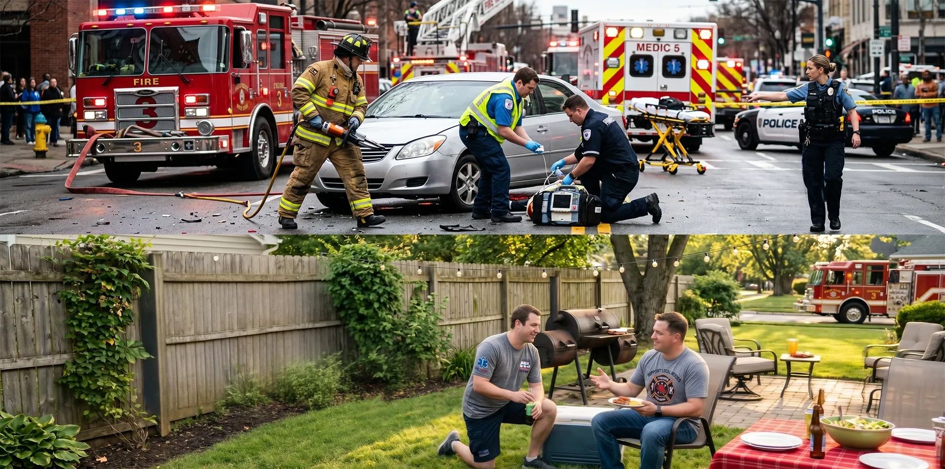Emergency responders at accident scene; firefighters relaxing at barbecue.