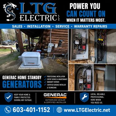 Advertisement for LTG Electric's Generac home standby generators.