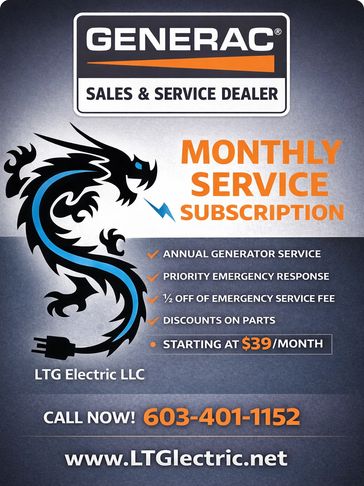 Advertisement for Generac monthly generator service subscription with emergency response and discounts.