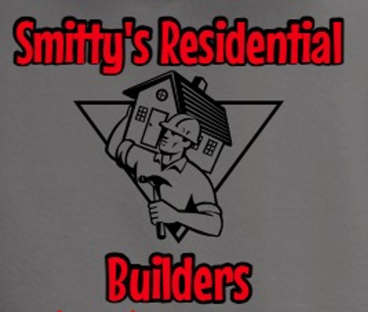 Logo for Smitty's Residential Builders featuring a worker with a house and hammer.