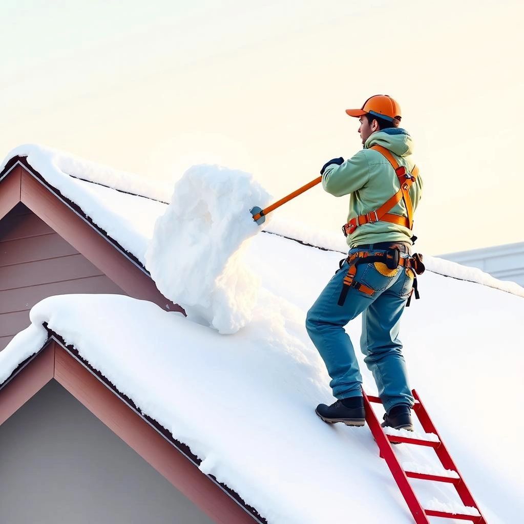 Worker removing snow from a roof using a snow rake.